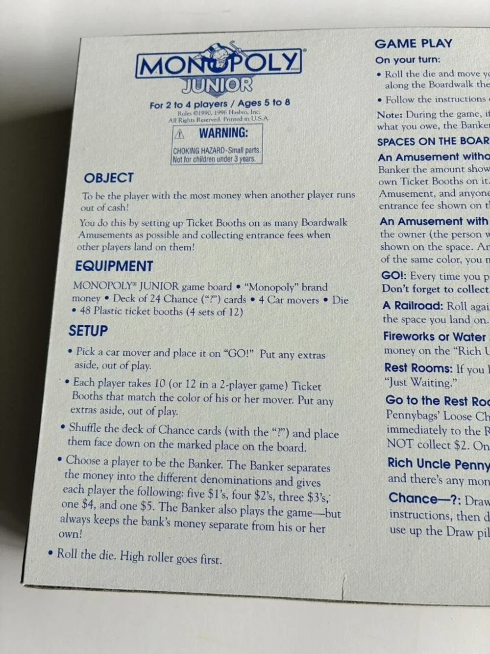 Monopoly Junior Amusement Park Instructions Rules Sheet Replacement 1996 Hasbro